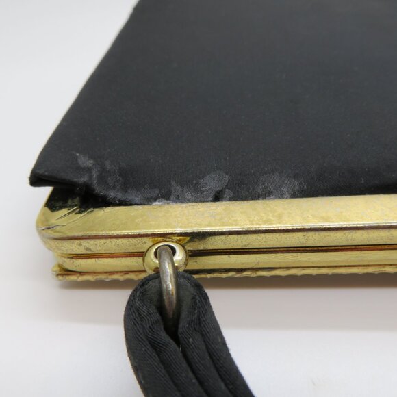 Vintage Handheld Black Satin Purse Bag After Five Mother Pearl Frame Top Handle - Picture 5 of 16